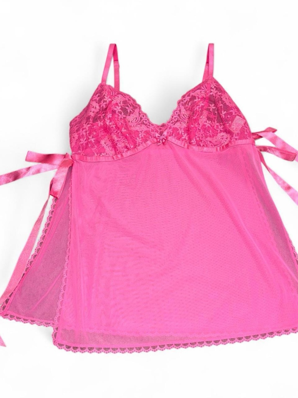 Frederick's of Hollywood Hot Pink Lace Chemise with Side Ribbon Ties